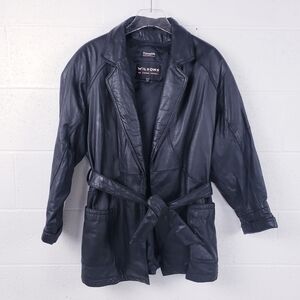 Vintage 90s y2k Wilsons Black Leather Insulated Midi Car Moto Belted Coat Small